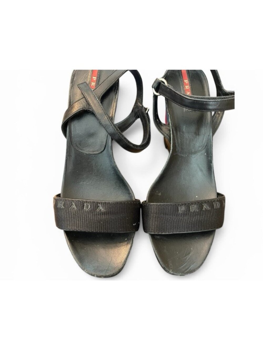 Prada Ladies Size 7.5 Black Leather Platform Sandals Block Heel  Ankle Strap Vtg - Picture 12 of 15
